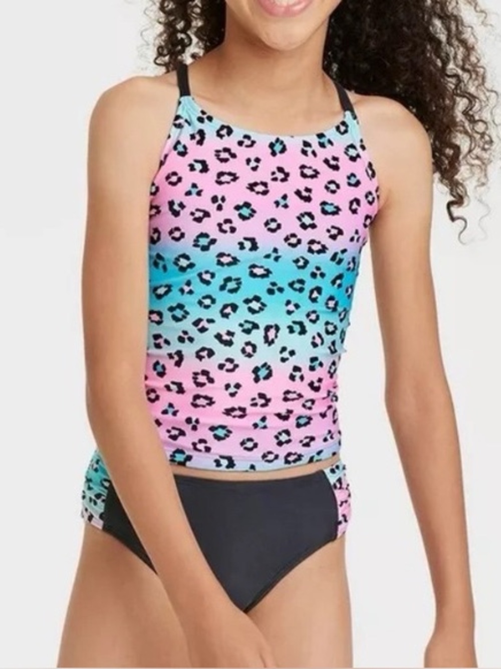 Cat & Jack Pink and Teal Leopard Girls Tankini Swim Set